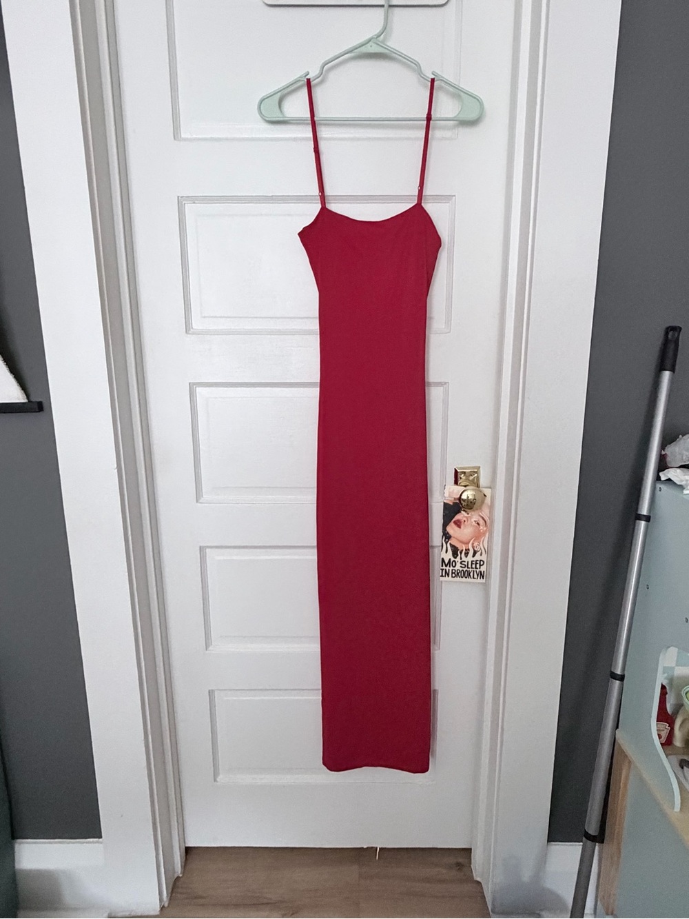 Y2K Perry Sideman Red maxi dress with spaghetti straps and fitted silhouette